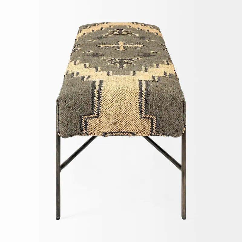 55 Green Brown and Black Upholstered Abstract Cotton Blend Bench - 55
