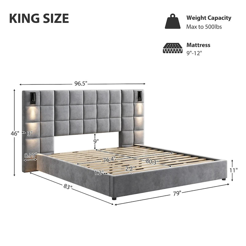 Modern Upholstered Bed Frame Velvet Platform Bed with Reading Lamp