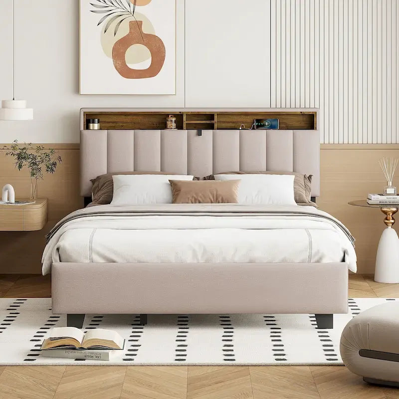 Queen Size Upholstered Platform Bed w/ Storage Headboard, Twin XL Size Trundle & 2 Drawers & USB Ports, Linen Fabric, Gray