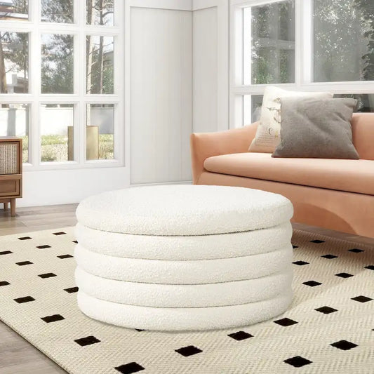 36 Boucle Sherpa Round Upholstered Storage Cocktail Ottoman