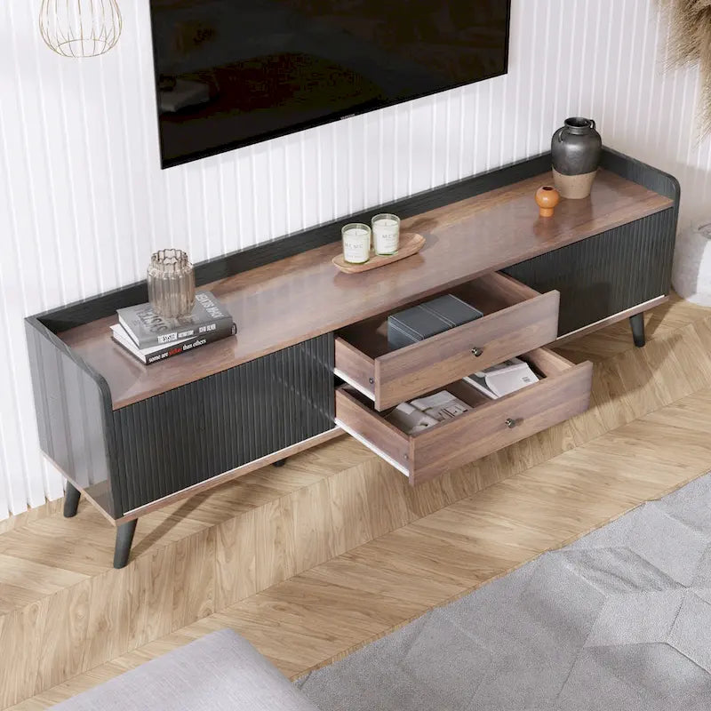 63 Mid Century TV Stand with 2 Cabinets& Open Compartments, Entertainment Center for TVs up to 70, Television Console