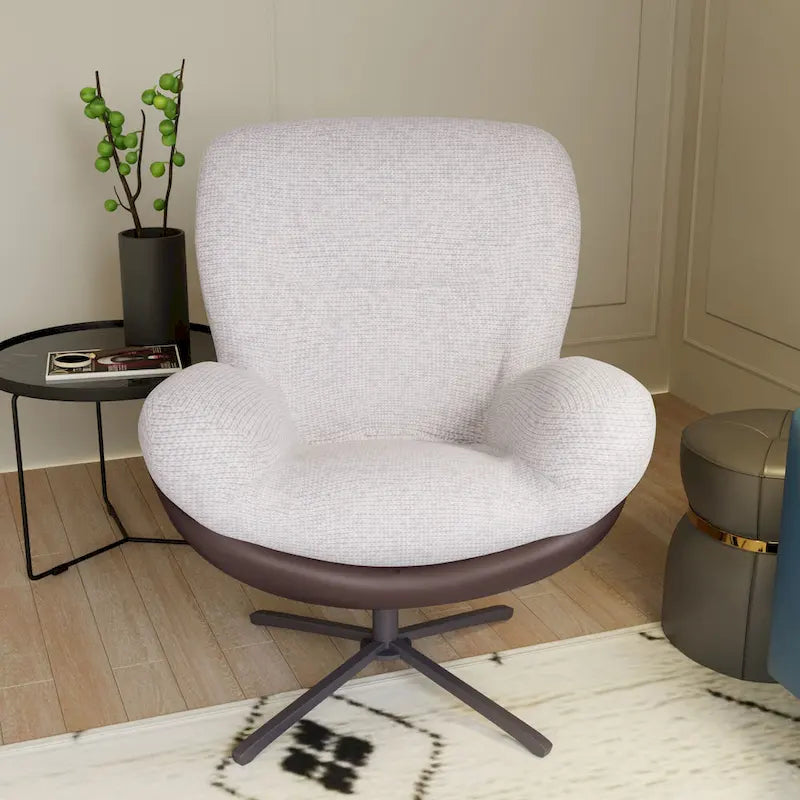 360 Swivel Accent Chair, Modern Chenille Lounge Chair with Faux Leather and Black Metal Base Frame, Comfortable Reading Chair