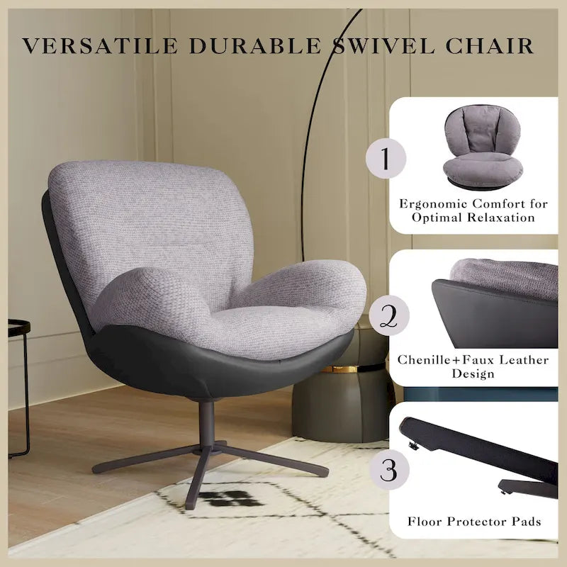 360 Swivel Accent Chair, Modern Chenille Lounge Chair with Faux Leather and Black Metal Base Frame, Comfortable Reading Chair