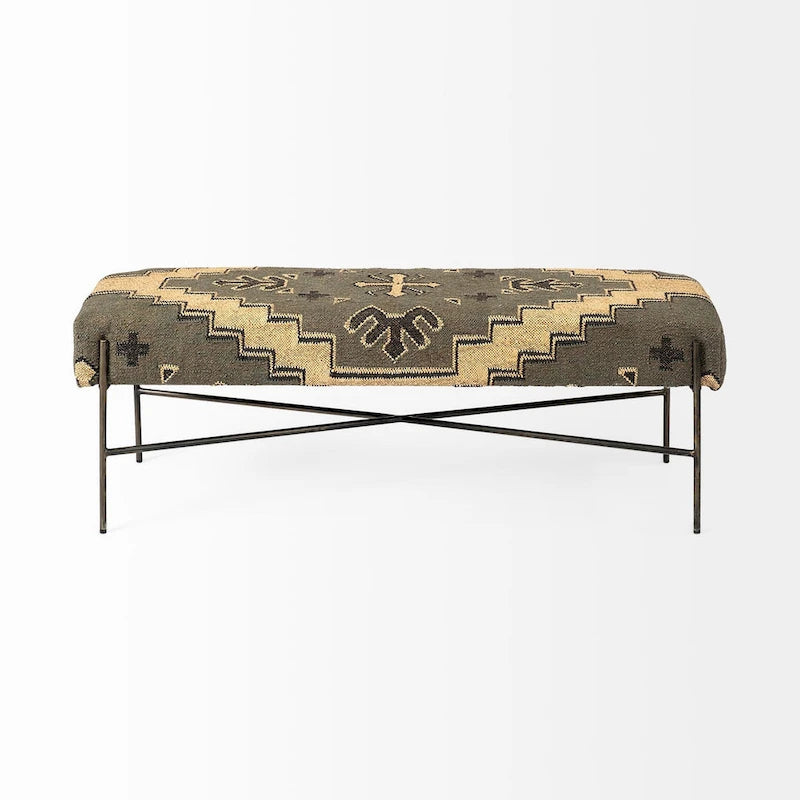55 Green Brown and Black Upholstered Abstract Cotton Blend Bench - 55