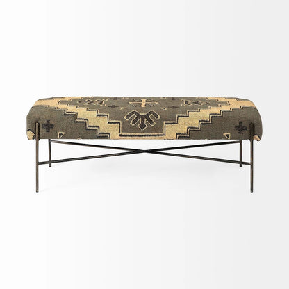 55 Green Brown and Black Upholstered Abstract Cotton Blend Bench - 55