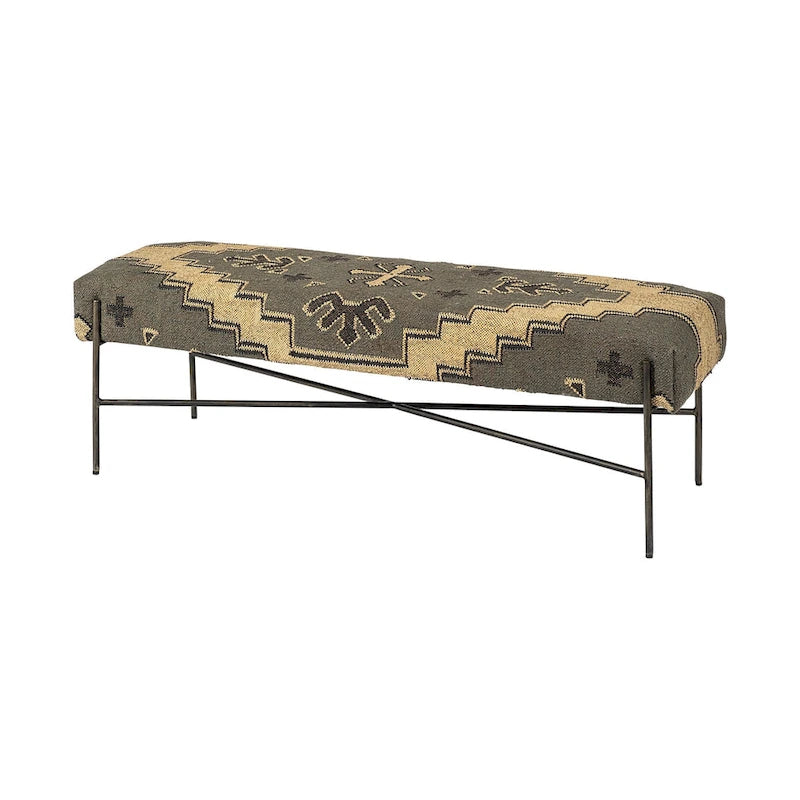 55 Green Brown and Black Upholstered Abstract Cotton Blend Bench - 55