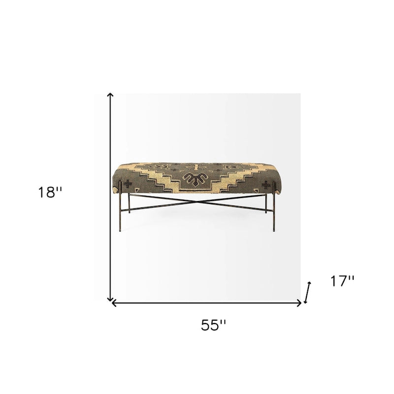 55 Green Brown and Black Upholstered Abstract Cotton Blend Bench - 55
