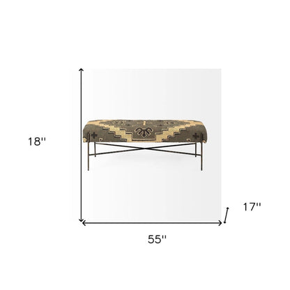 55 Green Brown and Black Upholstered Abstract Cotton Blend Bench - 55