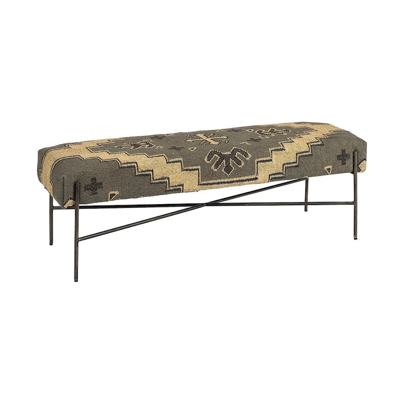 55 Green Brown and Black Upholstered Abstract Cotton Blend Bench - 55