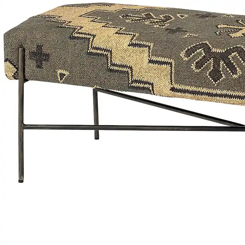 55 Green Brown and Black Upholstered Abstract Cotton Blend Bench - 55