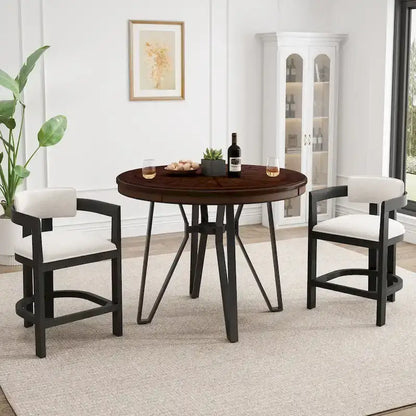 Three-piece bar stool set, featuring plush upholstered chairs and metal table legs.