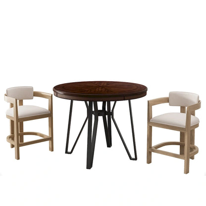 Three-piece bar stool set, featuring plush upholstered chairs and metal table legs.