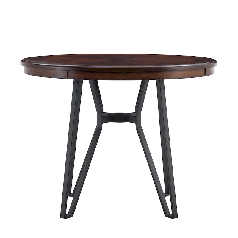 Three-piece bar stool set, featuring plush upholstered chairs and metal table legs.
