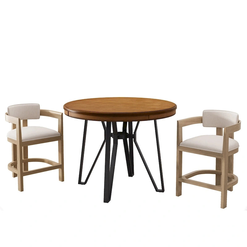 Three-piece bar stool set, featuring plush upholstered chairs and metal table legs.