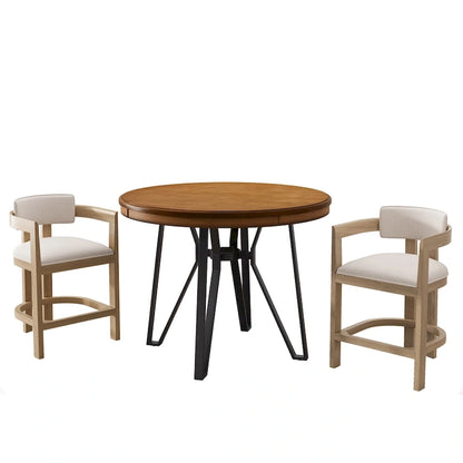 Three-piece bar stool set, featuring plush upholstered chairs and metal table legs.