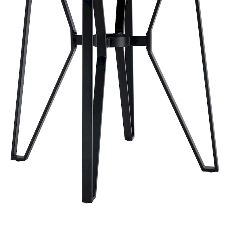 Three-piece bar stool set, featuring plush upholstered chairs and metal table legs.