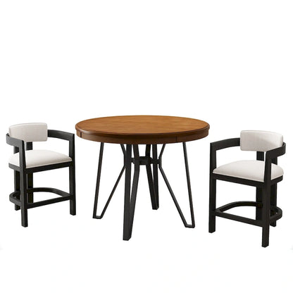 Three-piece bar stool set, featuring plush upholstered chairs and metal table legs.