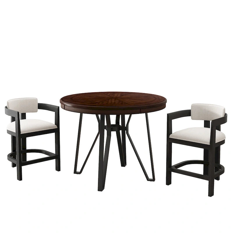 Three-piece bar stool set, featuring plush upholstered chairs and metal table legs.