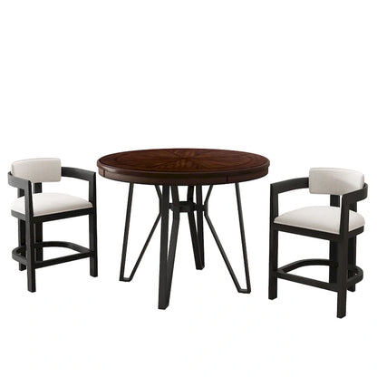 Three-piece bar stool set, featuring plush upholstered chairs and metal table legs.