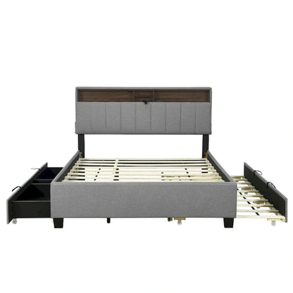 Queen Size Upholstered Platform Bed w/ Storage Headboard, Twin XL Size Trundle & 2 Drawers & USB Ports, Linen Fabric, Gray