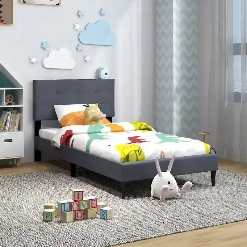 Twin Upholstered Platform Bed Mattress Foundation Button Tufted
