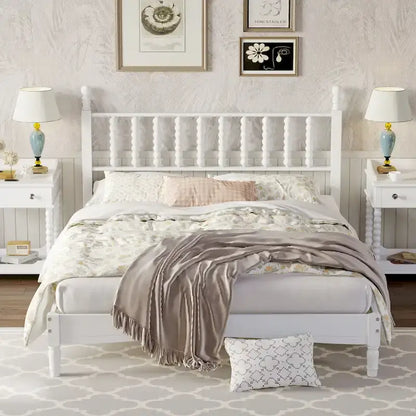 Retro Style Wood Platform Bed with Gourd Shaped Headboard,Queen Size