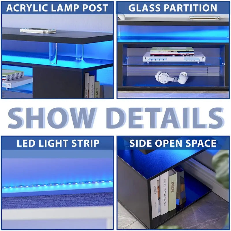 Black 51 TV Stand with LED & Open Storage for 70 TVs