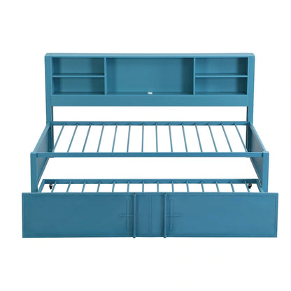 Blue Metal Twin Daybed with Trundle, Storage Shelves, and USB Ports - No Box Spring Needed