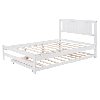 White Full Pine Platform Bed with Adjustable Trundle