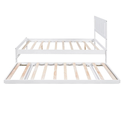 White Full Pine Platform Bed with Adjustable Trundle