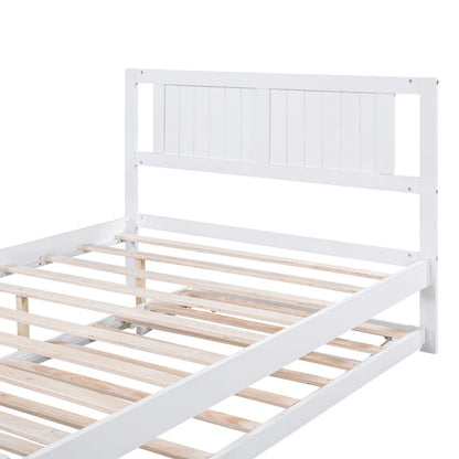 White Full Pine Platform Bed with Adjustable Trundle