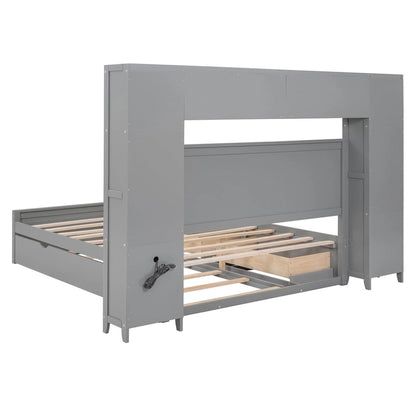 Gray Queen Size Wooden Platform Bed with Cabinet, Shelf, and Sockets