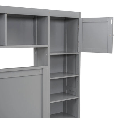Gray Queen Size Wooden Platform Bed with Cabinet, Shelf, and Sockets