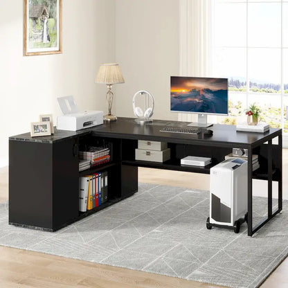 71 inch Executive Desk, L Shaped Desk with Cabinet and Shelves for Home Office