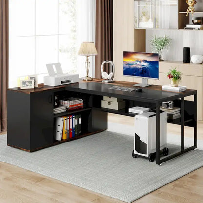 71 inch Executive Desk, L Shaped Desk with Cabinet and Shelves for Home Office