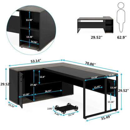 71 inch Executive Desk, L Shaped Desk with Cabinet and Shelves for Home Office