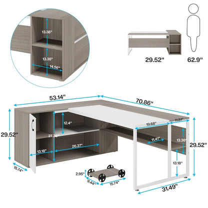 71 inch Executive Desk, L Shaped Desk with Cabinet and Shelves for Home Office