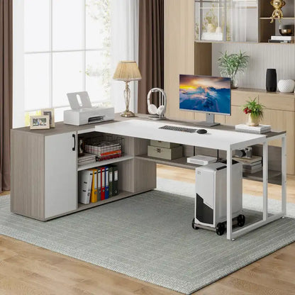 71 inch Executive Desk, L Shaped Desk with Cabinet and Shelves for Home Office