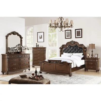 Wooden Bed With Padded Headboard in Dark Cherry Finish