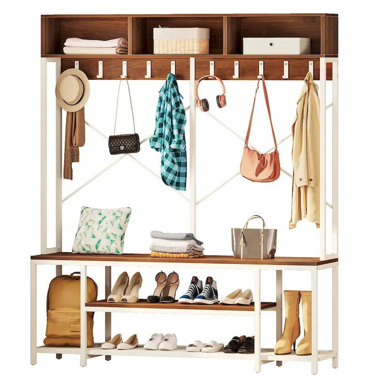 Industrial Entryway Bench with Coat Rack, 5-in-1 Hall Tree with Shoes Storage
