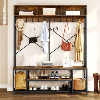 Industrial Entryway Bench with Coat Rack, 5-in-1 Hall Tree with Shoes Storage
