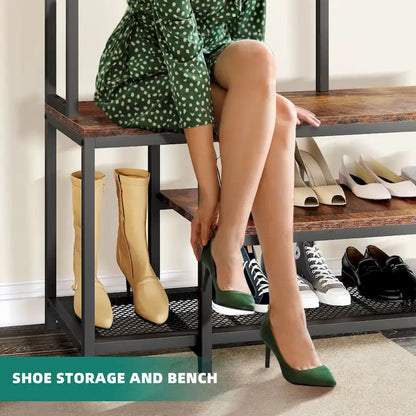 Industrial Entryway Bench with Coat Rack, 5-in-1 Hall Tree with Shoes Storage