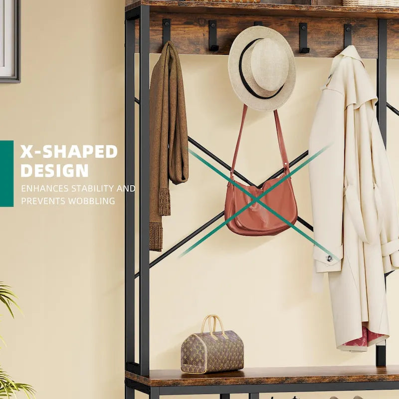 Industrial Entryway Bench with Coat Rack, 5-in-1 Hall Tree with Shoes Storage