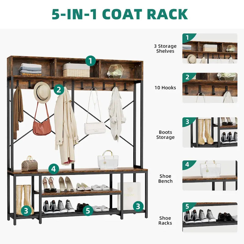 Industrial Entryway Bench with Coat Rack, 5-in-1 Hall Tree with Shoes Storage