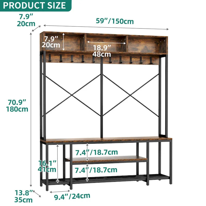 Industrial Entryway Bench with Coat Rack, 5-in-1 Hall Tree with Shoes Storage