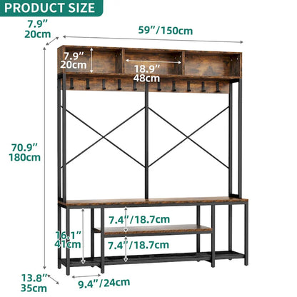 Industrial Entryway Bench with Coat Rack, 5-in-1 Hall Tree with Shoes Storage