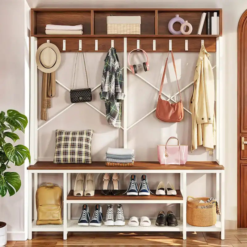 Industrial Entryway Bench with Coat Rack, 5-in-1 Hall Tree with Shoes Storage