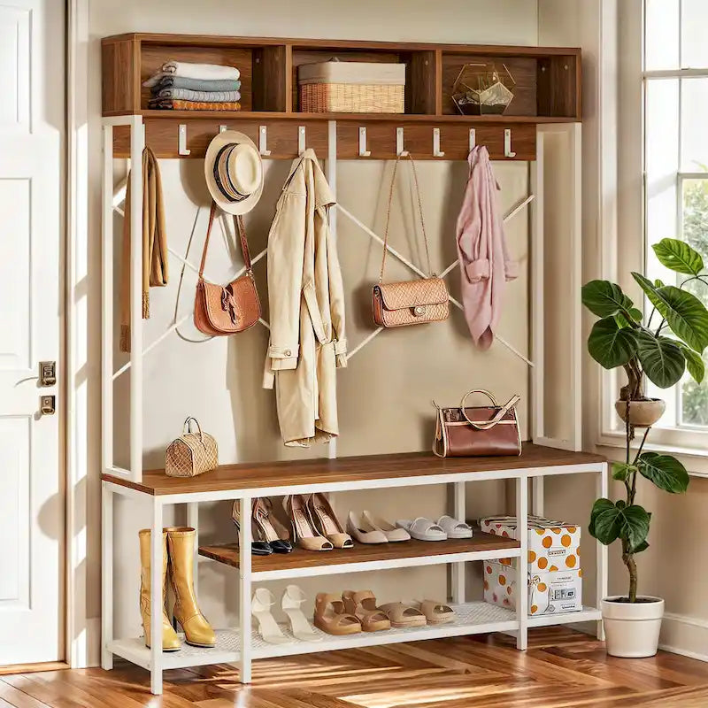 Industrial Entryway Bench with Coat Rack, 5-in-1 Hall Tree with Shoes Storage