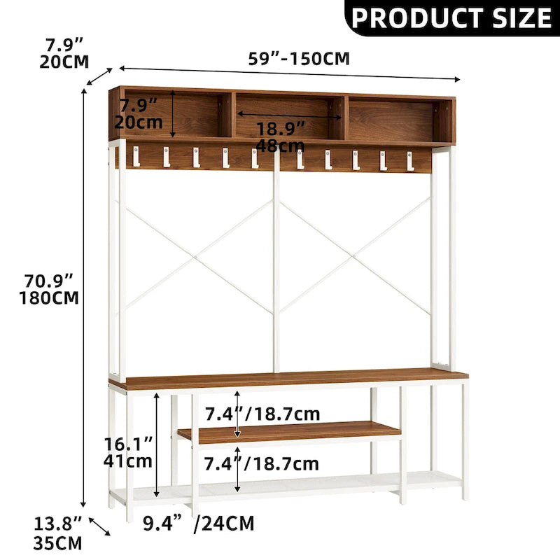 Industrial Entryway Bench with Coat Rack, 5-in-1 Hall Tree with Shoes Storage
