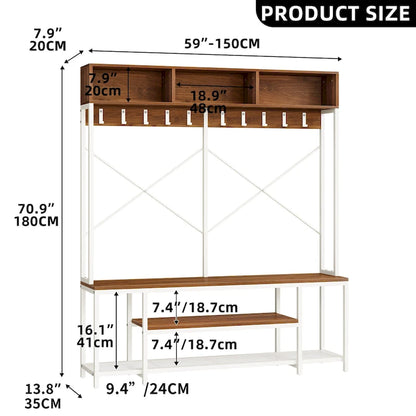 Industrial Entryway Bench with Coat Rack, 5-in-1 Hall Tree with Shoes Storage
